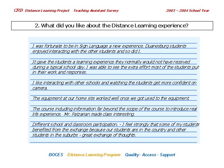 CRB Distance Learning Project Teaching Assistant Survey 2003 – 2004 School Year 2. What