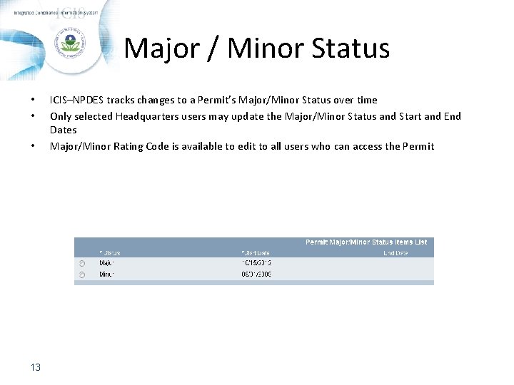 Major / Minor Status • • • 13 ICIS–NPDES tracks changes to a Permit’s