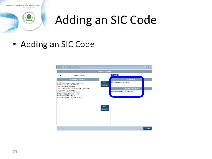 Adding an SIC Code • Adding an SIC Code 20 