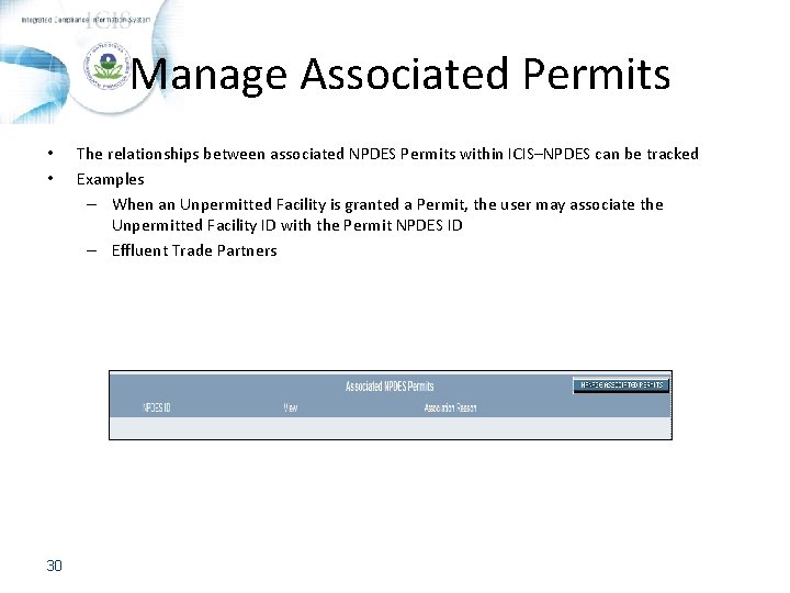 Manage Associated Permits • • 30 The relationships between associated NPDES Permits within ICIS–NPDES