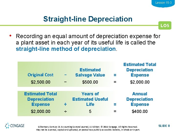 Lesson 15 -3 Straight-line Depreciation LO 5 • Recording an equal amount of depreciation
