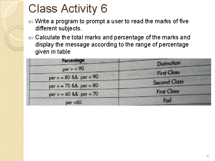 Class Activity 6 Write a program to prompt a user to read the marks