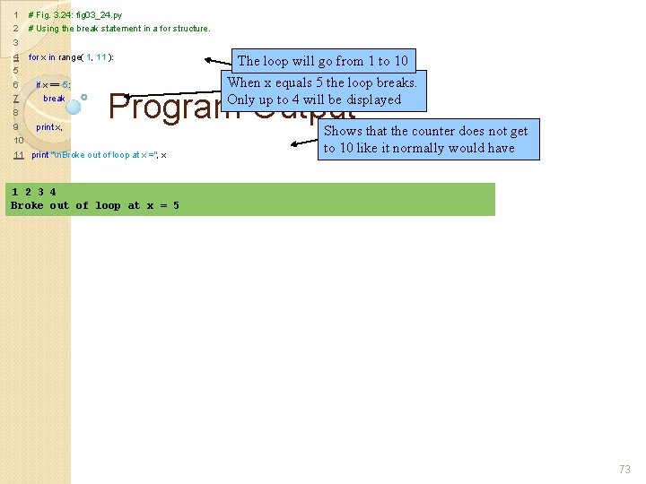 1 # Fig. 3. 24: fig 03_24. py 2 # Using the break statement