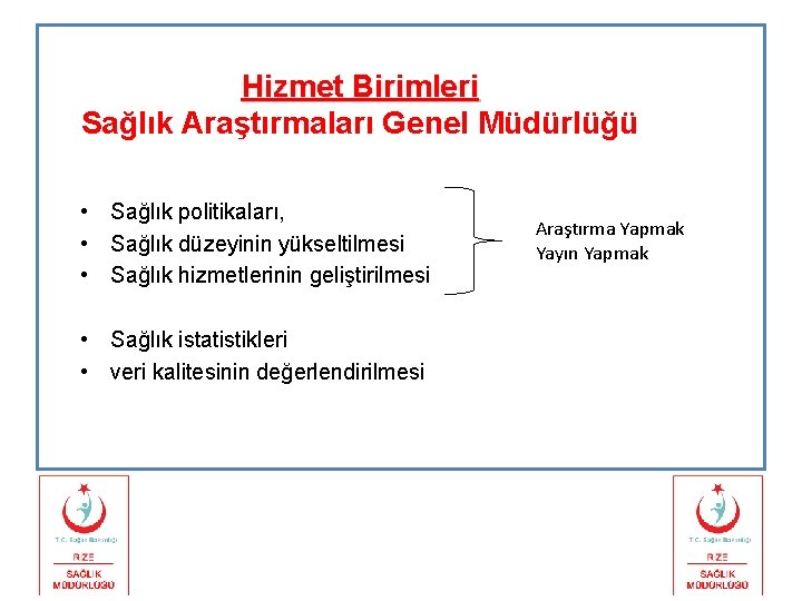 Hizmet Birimleri Sağlık Araştırmaları Genel Müdürlüğü • Sağlık politikaları, • Sağlık düzeyinin yükseltilmesi •