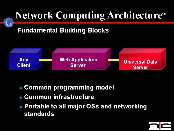 Network Computing Architecture Fundamental Building Blocks Any Client Web Application Server l Common programming