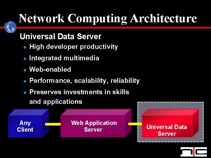 Network Computing Architecture Universal Data Server l High developer productivity l Integrated multimedia l