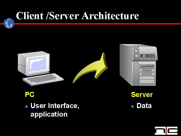 Client /Server Architecture PC l User Interface, application Server l Data 