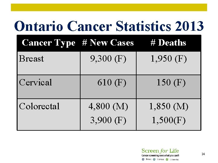 Ontario Cancer Statistics 2013 Cancer Type # New Cases # Deaths Breast 9, 300