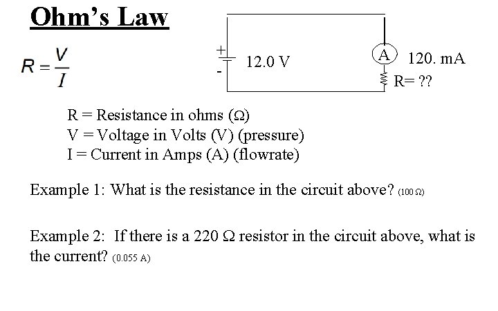 Ohm’s Law + - 12. 0 V A 120. m. A R= ? ?
