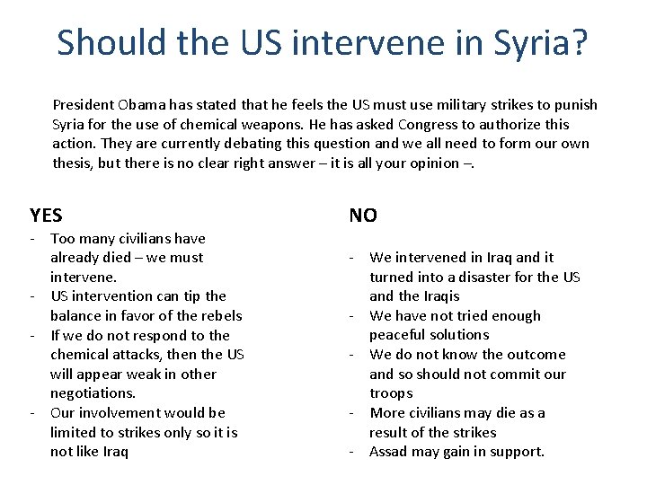 Should the US intervene in Syria? President Obama has stated that he feels the