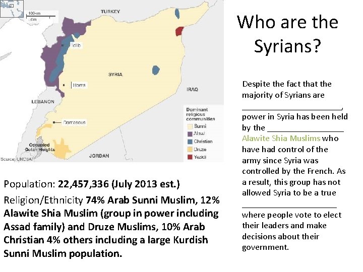 Who are the Syrians? Population: 22, 457, 336 (July 2013 est. ) Religion/Ethnicity 74%