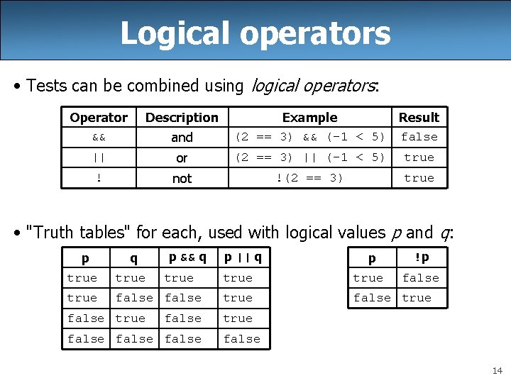 Logical operators • Tests can be combined using logical operators: Operator && Description ||