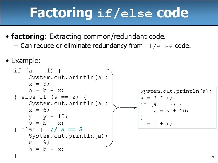 Factoring if/else code • factoring: Extracting common/redundant code. – Can reduce or eliminate redundancy