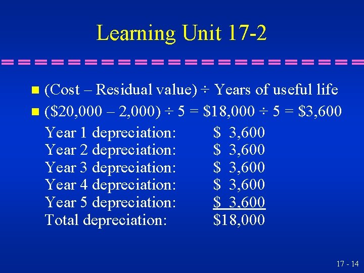 Learning Unit 17 -2 (Cost – Residual value) ÷ Years of useful life n