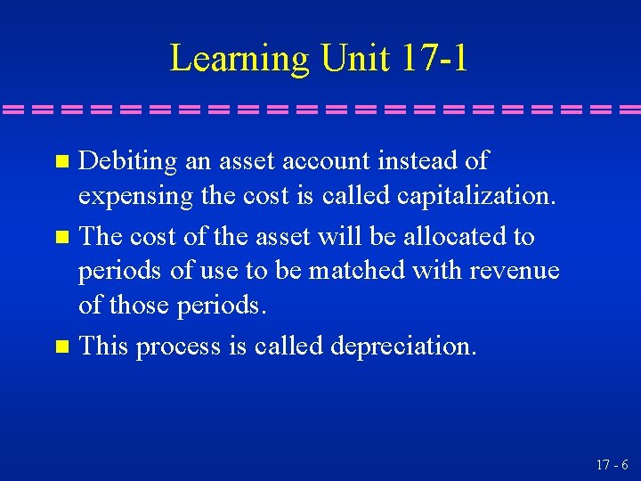 Learning Unit 17 -1 Debiting an asset account instead of expensing the cost is