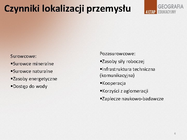 Czynniki lokalizacji przemysłu Surowcowe: Surowce mineralne Surowce naturalne Zasoby energetyczne Dostęp do wody Pozasurowcowe: