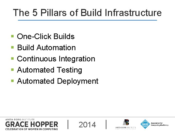 The 5 Pillars of Build Infrastructure § § § One-Click Builds Build Automation Continuous