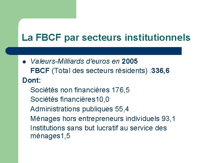 La FBCF par secteurs institutionnels Valeurs-Milliards d'euros en 2005 FBCF (Total des secteurs résidents)