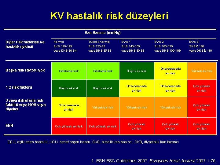 KV hastalık risk düzeyleri Kan Basıncı (mm. Hg) Diğer risk faktörleri ve hastalık öyküsü