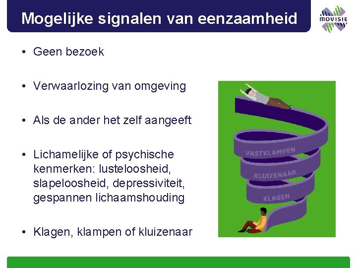 Mogelijke signalen van eenzaamheid • Geen bezoek • Verwaarlozing van omgeving • Als de