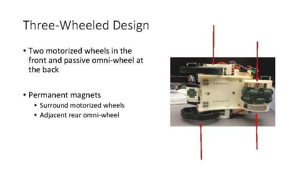 Three-Wheeled Design • Two motorized wheels in the front and passive omni-wheel at the