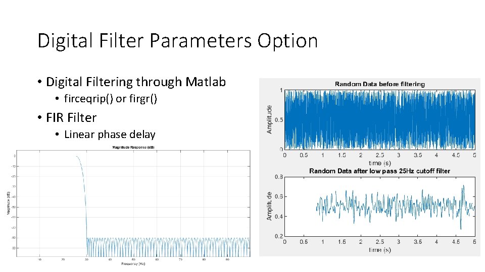 Digital Filter Parameters Option • Digital Filtering through Matlab • firceqrip() or firgr() •