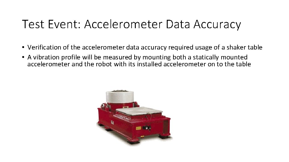 Test Event: Accelerometer Data Accuracy • Verification of the accelerometer data accuracy required usage