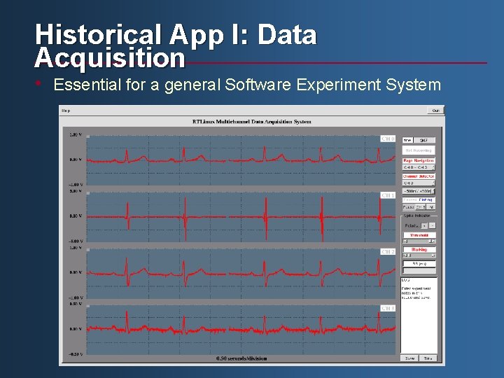 Historical App I: Data Acquisition • Essential for a general Software Experiment System 