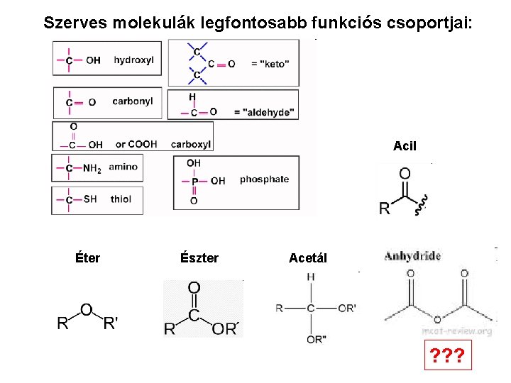 Szerves molekulák legfontosabb funkciós csoportjai: Acil Éter Észter Acetál ? ? ? 