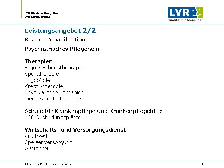 LVR-Klinik Bedburg-Hau LVR-Klinikverbund Leistungsangebot 2/2 Soziale Rehabilitation Psychiatrisches Pflegeheim Therapien Ergo-/ Arbeitsthearapie Sporttherapie Logopädie