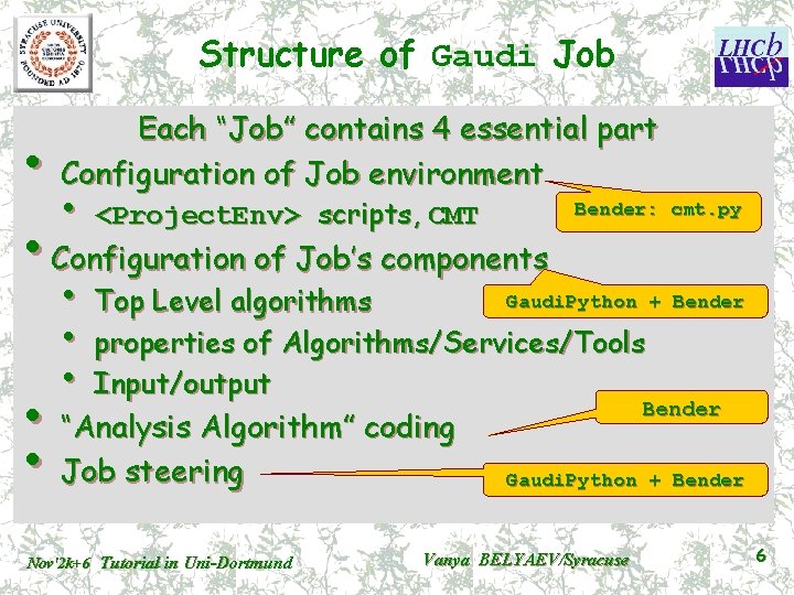 Structure of Gaudi Job Each “Job” contains 4 essential part Configuration of Job environment