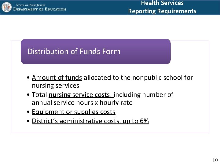 Health Services Reporting Requirements Distribution of Funds Form • Amount of funds allocated to