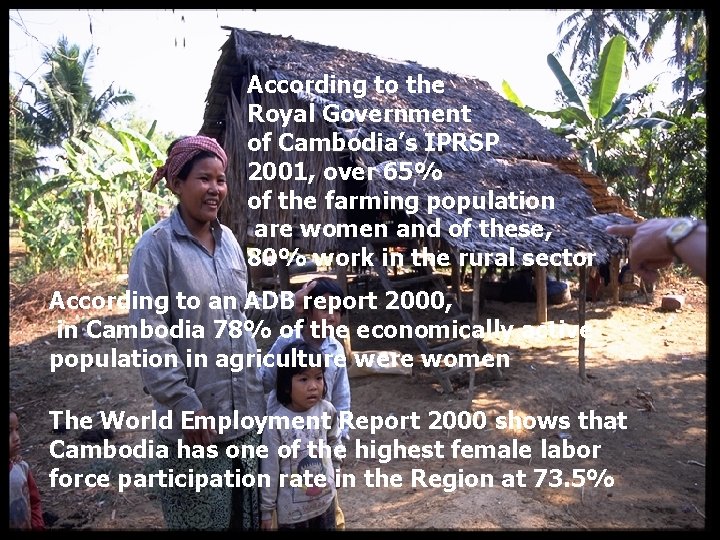 According to the Royal Government of Cambodia’s IPRSP 2001, over 65% of the farming