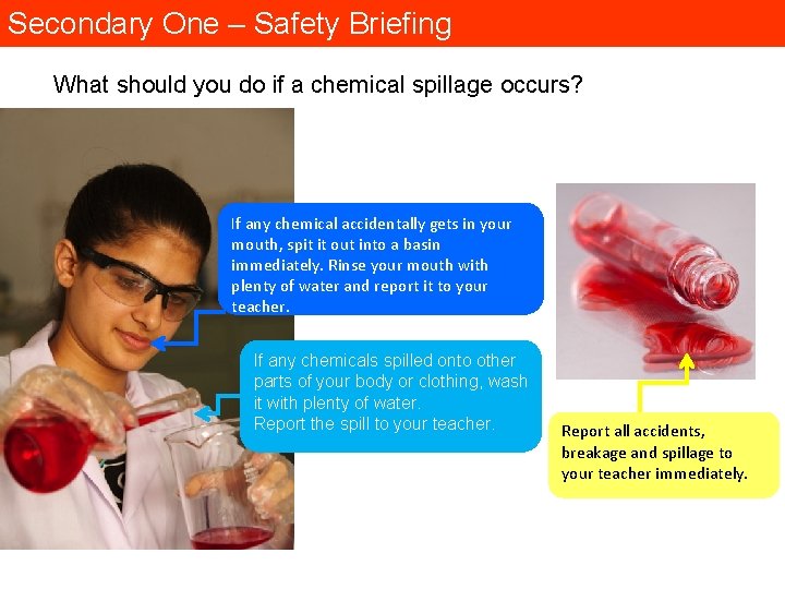 Secondary One – Safety Briefing What should you do if a chemical spillage occurs?