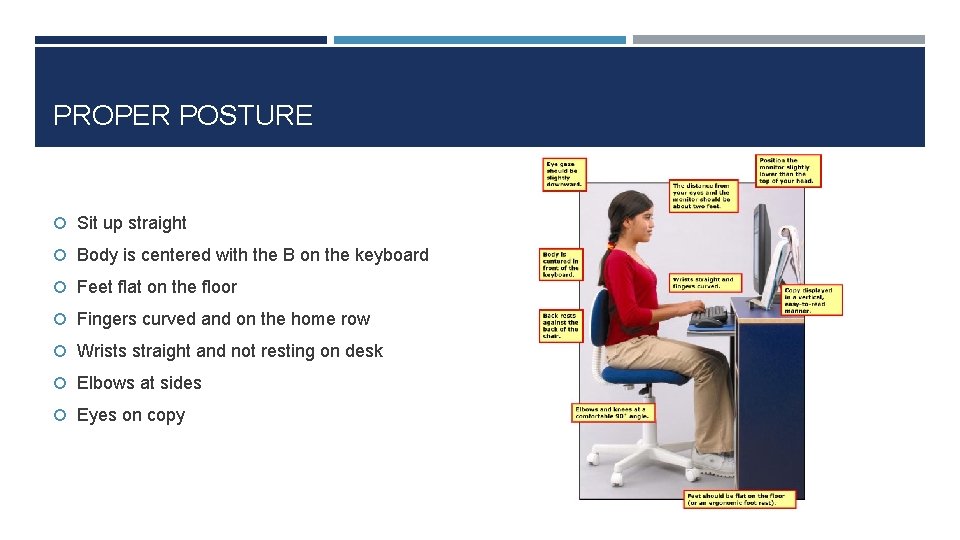 PROPER POSTURE Sit up straight Body is centered with the B on the keyboard