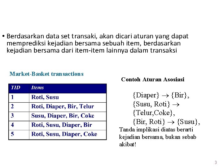 Menambang Aturan Asosiasi • Berdasarkan data set transaki, akan dicari aturan yang dapat memprediksi