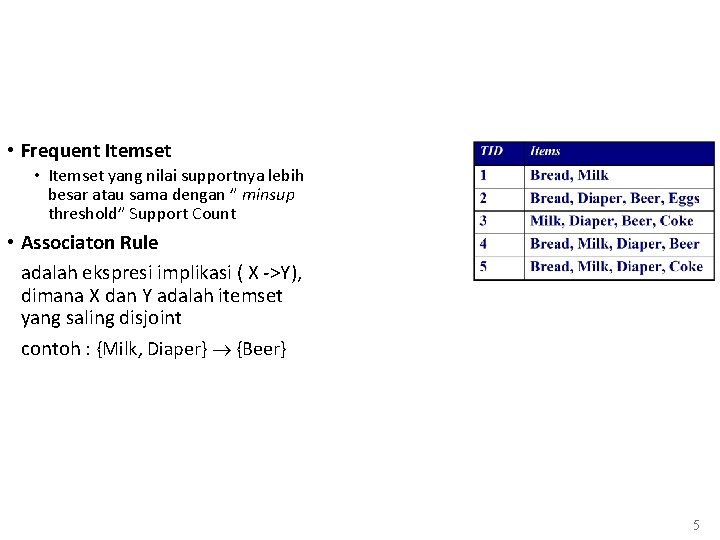 Beberapa Istilah (2) • Frequent Itemset • Itemset yang nilai supportnya lebih besar atau