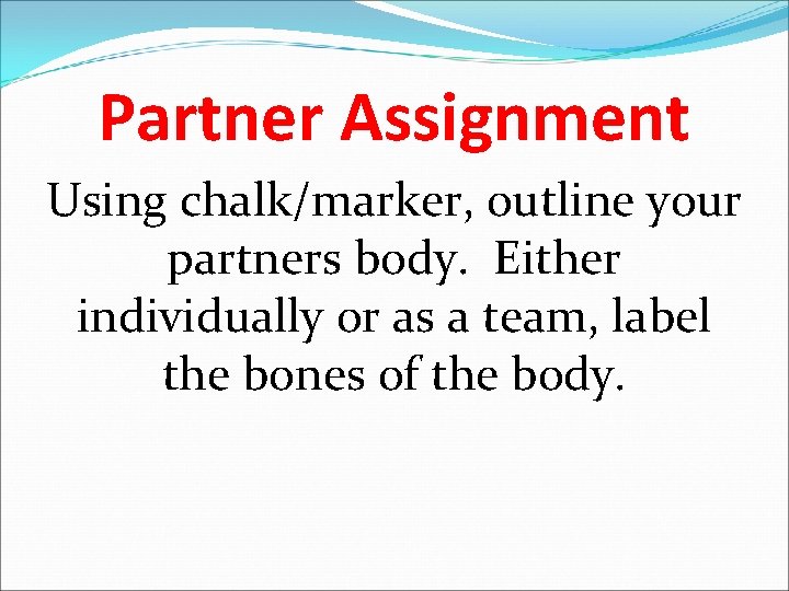 Partner Assignment Using chalk/marker, outline your partners body. Either individually or as a team, Partner Assignment Using chalk/marker, outline your partners body. Either individually or as a team,