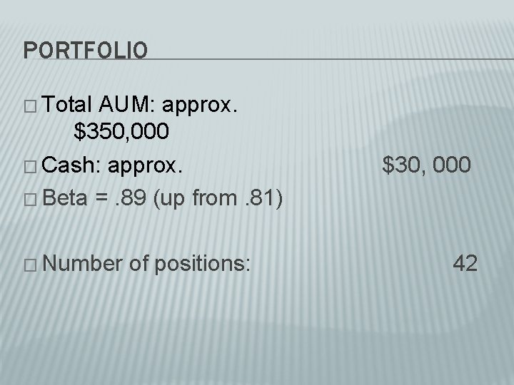 PORTFOLIO � Total AUM: approx. $350, 000 � Cash: approx. � Beta =. 89