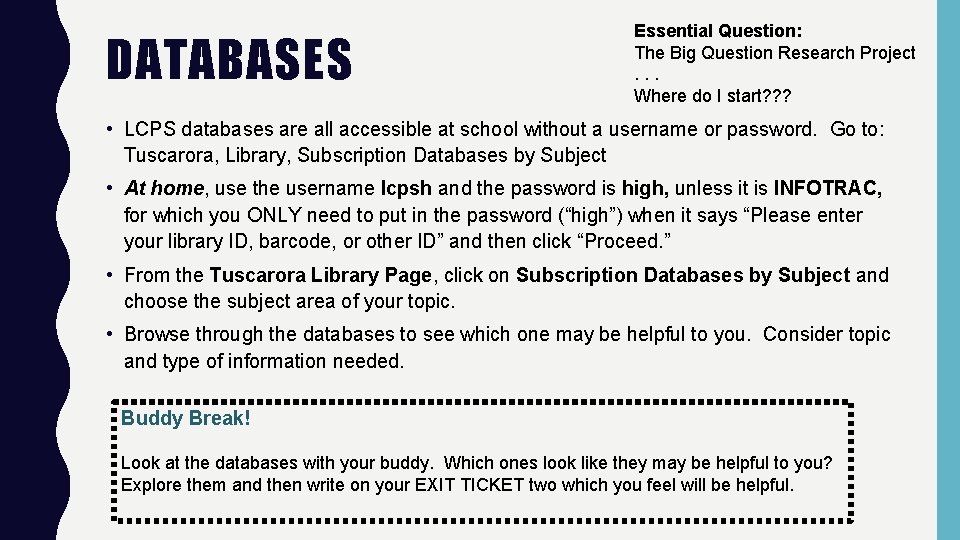DATABASES Essential Question: The Big Question Research Project. . . Where do I start?