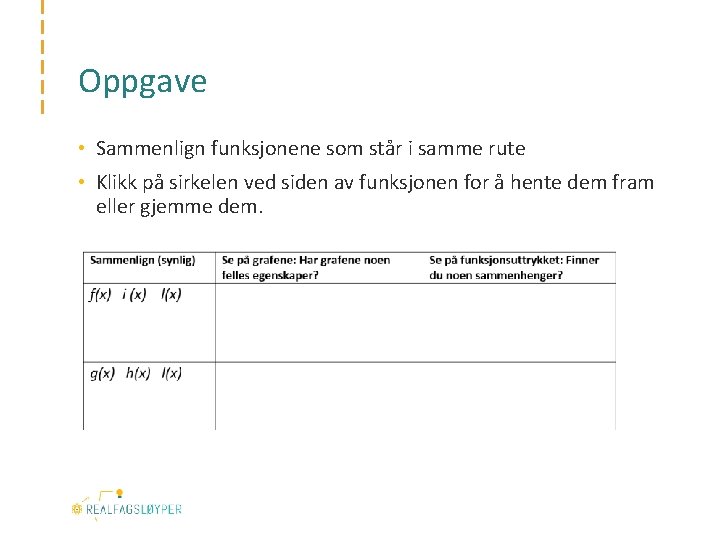 Oppgave • Sammenlign funksjonene som står i samme rute • Klikk på sirkelen ved