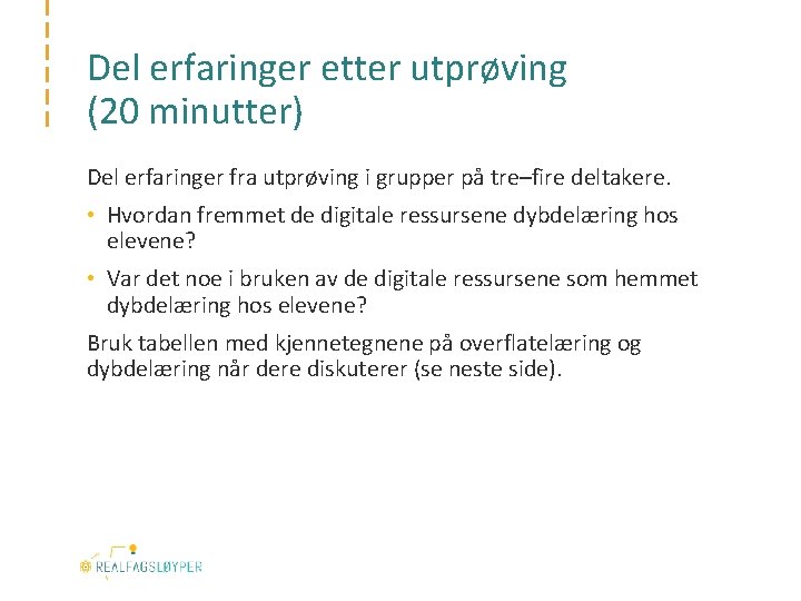 Del erfaringer etter utprøving (20 minutter) Del erfaringer fra utprøving i grupper på tre–fire