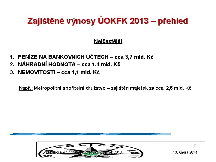 Zajištěné výnosy ÚOKFK 2013 – přehled Nejčastější 1. PENÍZE NA BANKOVNÍCH ÚČTECH – cca