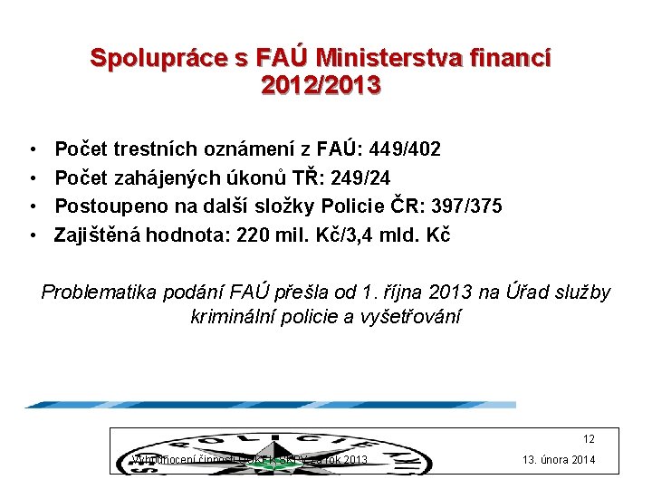 Spolupráce s FAÚ Ministerstva financí 2012/2013 • • Počet trestních oznámení z FAÚ: 449/402