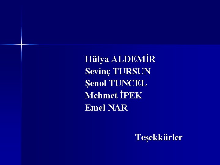 Hülya ALDEMİR Sevinç TURSUN Şenol TUNCEL Mehmet İPEK Emel NAR Teşekkürler 