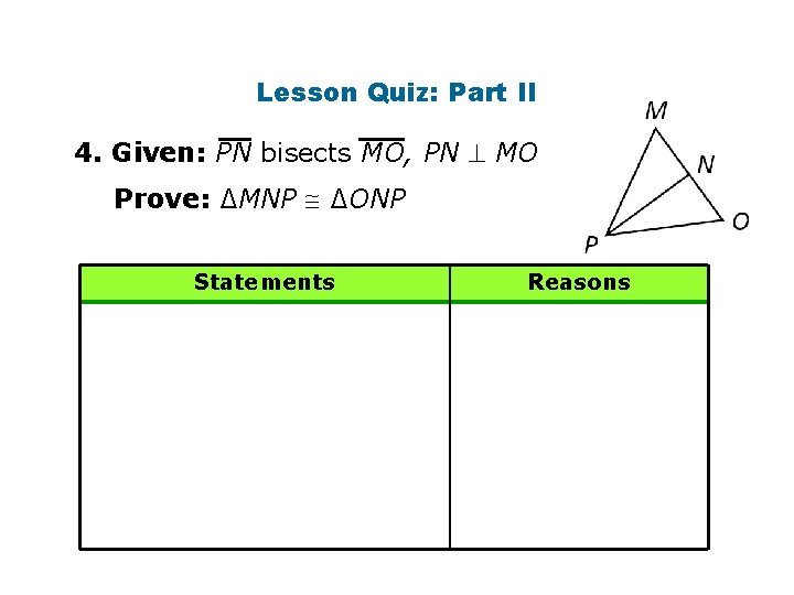 Lesson Quiz: Part II 4. Given: PN bisects MO, PN MO Prove: ∆MNP ∆ONP