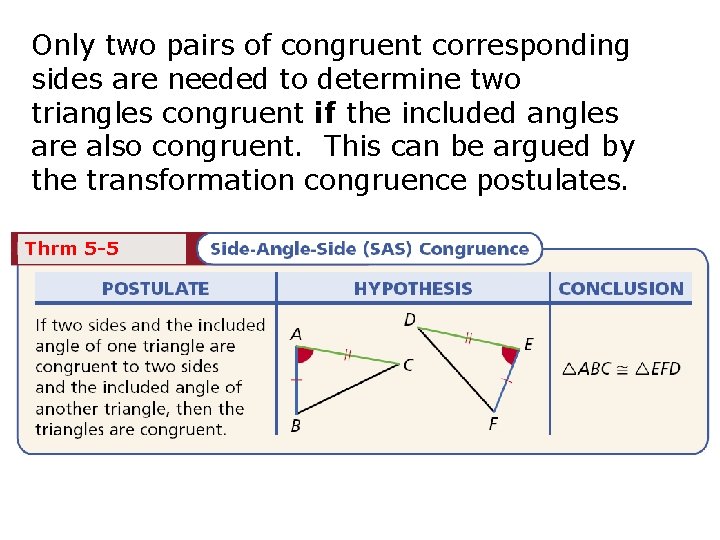 Only two pairs of congruent corresponding sides are needed to determine two triangles congruent