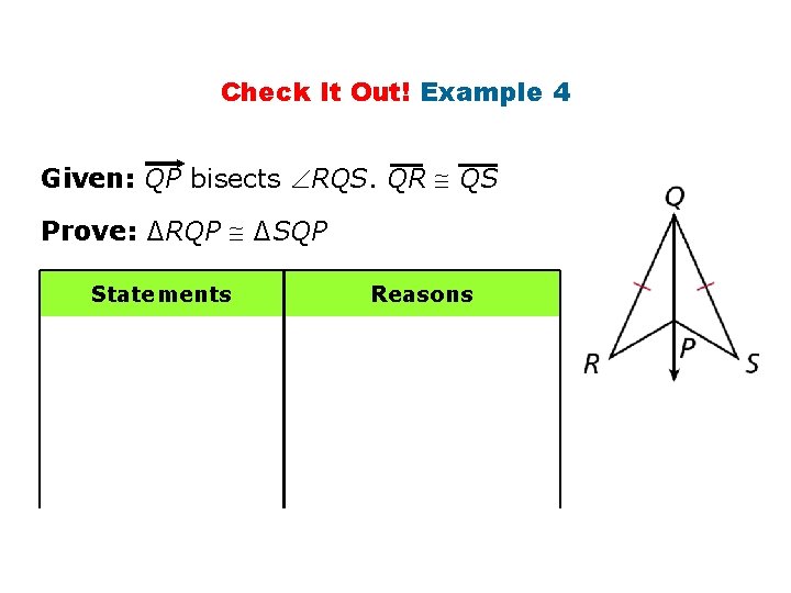 Check It Out! Example 4 Given: QP bisects RQS. QR QS Prove: ∆RQP ∆SQP