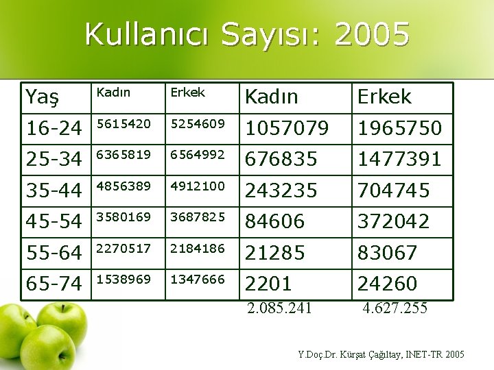 Kullanıcı Sayısı: 2005 Yaş Kadın Erkek 16 -24 5615420 5254609 1057079 1965750 25 -34