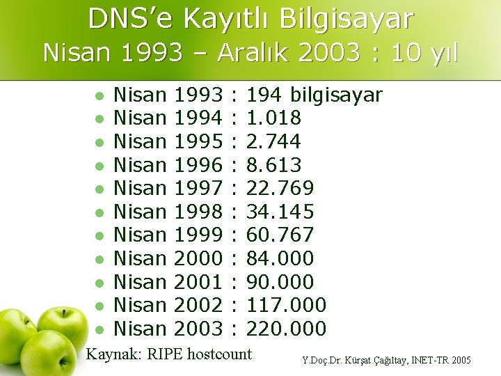 DNS’e Kayıtlı Bilgisayar Nisan 1993 – Aralık 2003 : 10 yıl l l Nisan